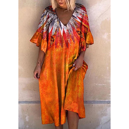 

Women's Shift Dress Knee Length Dress Gray Orange Red Half Sleeve Color Gradient Color Block Fall Summer V Neck Elegant Casual 2021 S M L XL XXL 3XL 4XL