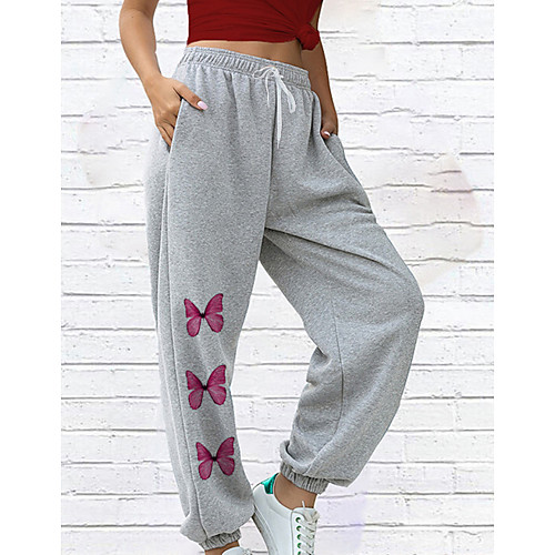 

Women's Fashion Casual / Sporty Comfort Fitness Weekend Sweatpants Pants Butterfly Animal Full Length Pocket Print White Black Gray