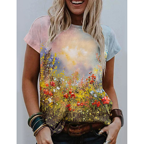 

Women's Floral Theme Painting T shirt Floral Graphic Print Round Neck Basic Tops Yellow