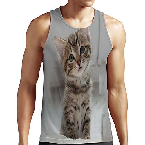 

Men's Unisex Tank Top Undershirt 3D Print Cat Graphic Prints Animal Plus Size Print Sleeveless Casual Tops Basic Designer Big and Tall Gray