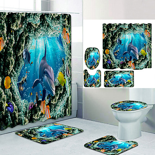 

Underwater World Elements Digital Printing Four-piece Set Shower Curtains and Hooks Modern Polyester Machine Made Waterproof Bathroom