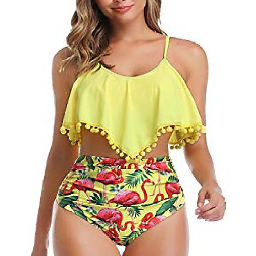 

fanhang swimsuits for women two piece sexy bathing suits ruffled flounce top with high waisted bottom bikini set tankini (yellow, medium)