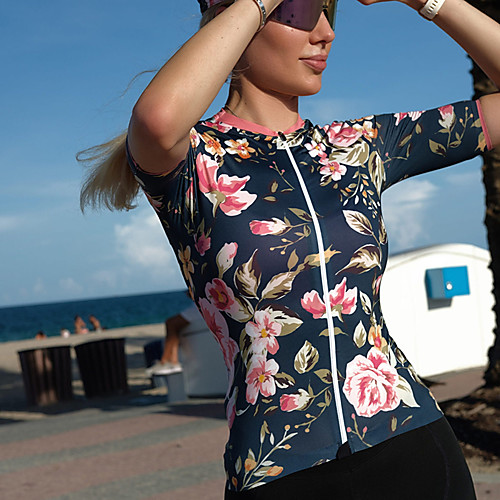 

21Grams Women's Short Sleeve Cycling Jersey Summer Spandex Polyester Dark Navy Floral Botanical Bike Jersey Top Mountain Bike MTB Road Bike Cycling Quick Dry Moisture Wicking Breathable Sports