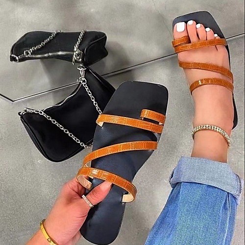 

Women's Sandals Boho Bohemia Beach Flat Heel Round Toe Rubber PU Color Block Clear Brown