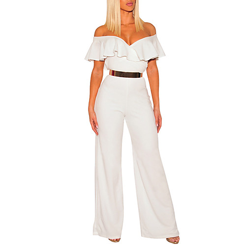 

Women's Ordinary Off Shoulder White Black Wine Jumpsuit Solid Colored Ruffle
