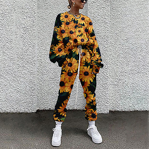 

Women's Basic Streetwear Floral Cat Vacation Casual / Daily Two Piece Set Tracksuit T shirt Pant Loungewear Drawstring Print Tops
