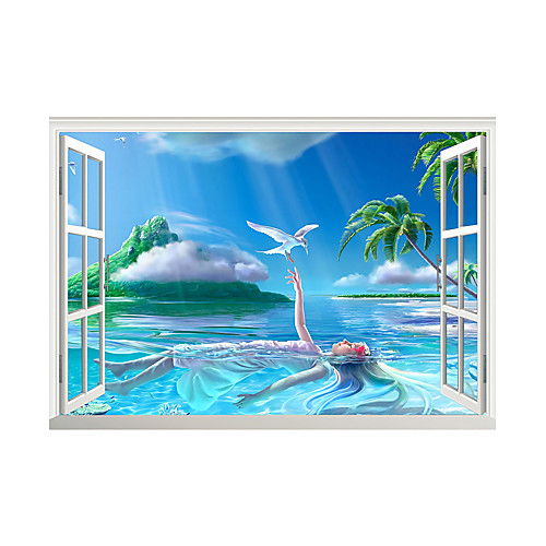 

3D False Window Coconut Tree Blue Ocean Princess Home Children's Room Background Decoration Can Be Removed Stickers