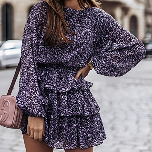 

Women's A Line Dress Short Mini Dress Purple Black Long Sleeve Pattern Summer Casual 2021 S M L