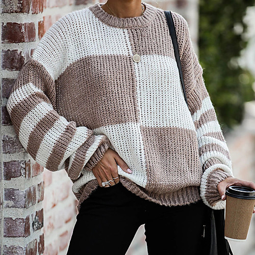 

Women's Sexy Color Block Sweater Long Sleeve Loose Sweater Cardigans Crew Neck Fall Spring Blue khaki Gray