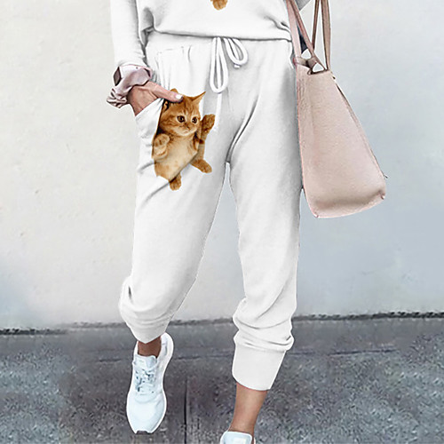 

Women's Basic Soft Comfort Going out Gym Palazzo Pants 3D Print Cat Animal Full Length Pocket Elastic Drawstring Design Print Yellow Khaki