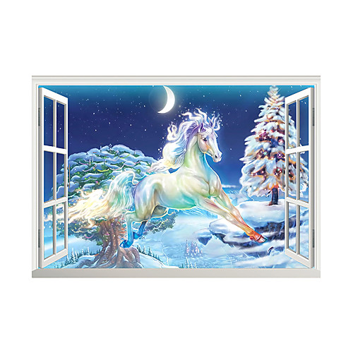

3D Fake Window Cartoon Colorful Horse Home Children's Room Background Decoration Can Be Removed Stickers