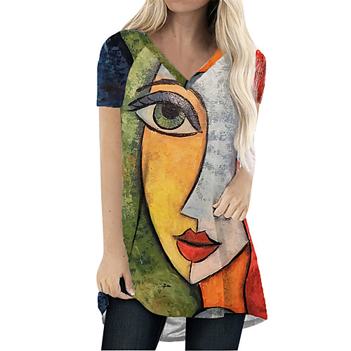 

Women's T Shirt Dress Tee Dress Short Mini Dress Blue Purple Short Sleeve Print Color Block Print Spring Summer V Neck Casual Holiday Loose 2021 S M L XL XXL 3XL