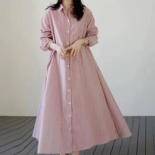 

Women's Shirt Dress Maxi long Dress Blue Blushing Pink Black Long Sleeve Stripes Pocket Button Spring Summer Shirt Collar Contemporary Retro Vintage Holiday Loose 2021 S M L XL XXL XXXL / Cotton