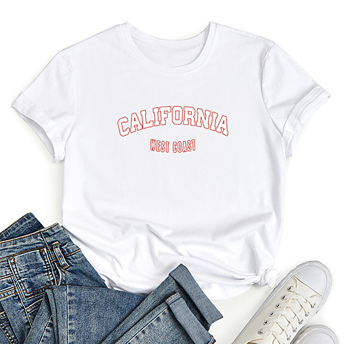 

Women's T shirt Graphic Letter Print Round Neck Tops 100% Cotton Basic Basic Top White