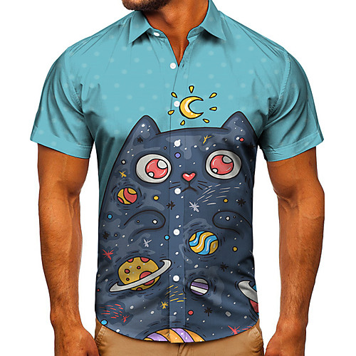 

Men's Shirt 3D Print Cat Graphic Prints Button-Down Short Sleeve Street Tops Casual Fashion Classic Breathable Blue