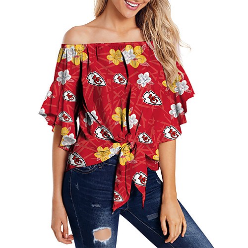 

Women's Blouse Shirt Floral Print Off Shoulder Hawaiian Beach Tops Red