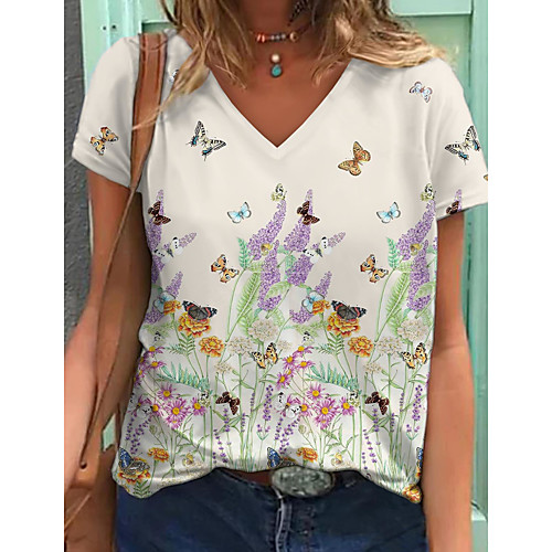 

Women's Floral Theme T shirt Floral Butterfly Print V Neck Tops Basic Basic Top White