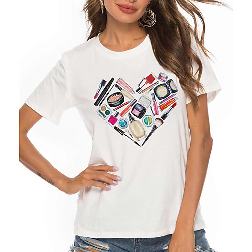 

Women's Painting T shirt Graphic Heart Print Round Neck Basic Tops White