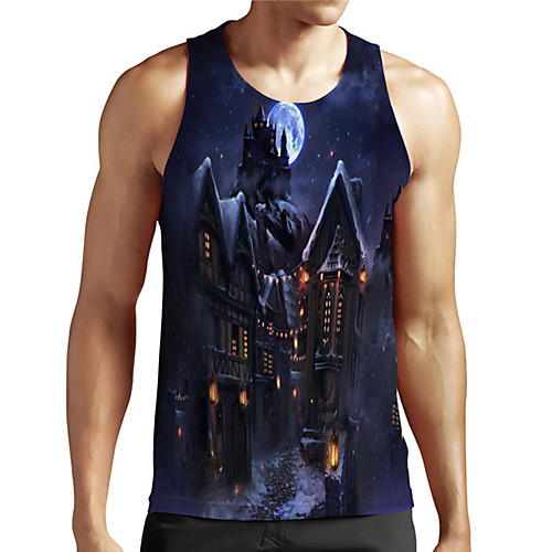 

Men's Unisex Tank Top Undershirt 3D Print Graphic Prints Castle Plus Size Print Sleeveless Casual Tops Basic Designer Big and Tall Blue