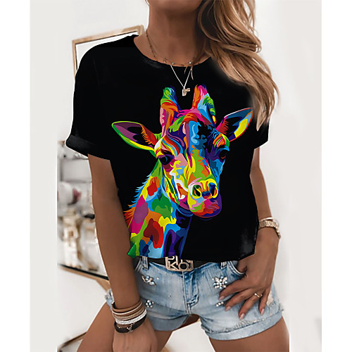 

Women's Painting T shirt Giraffe Animal Print Round Neck Basic Tops Black