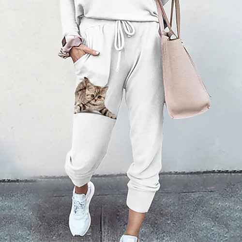 

Women's Basic Soft Comfort Going out Gym Palazzo Pants 3D Print Cat Animal Full Length Pocket Elastic Drawstring Design Print Yellow Khaki