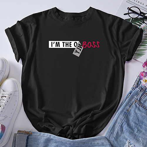 

Women's T shirt Letter Print Round Neck Tops 100% Cotton Basic Basic Top Black Red Yellow