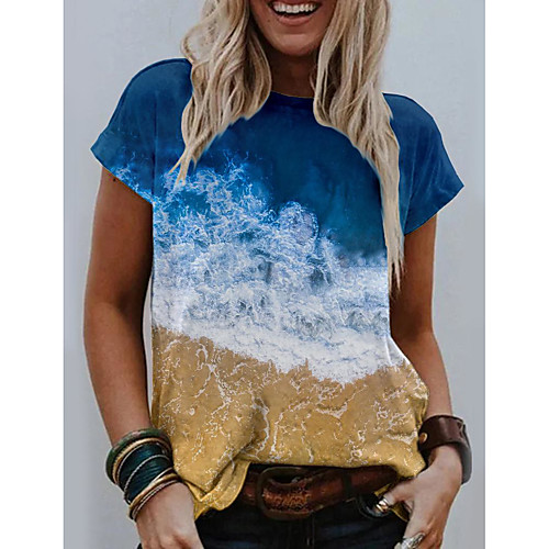 

Women's 3D Printed T shirt Scenery Ocean Print Round Neck Basic Tops Blue