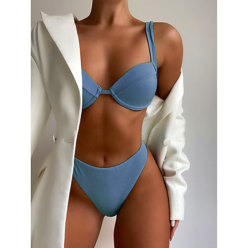 

Women's Bikini 2 Piece Swimsuit High Waist Slim Solid Color Added 3 colors of white, yellow and gray Blue Yellow Blushing Pink Gray Swimwear Bathing Suits New Sexy / Padded Bras / Beach