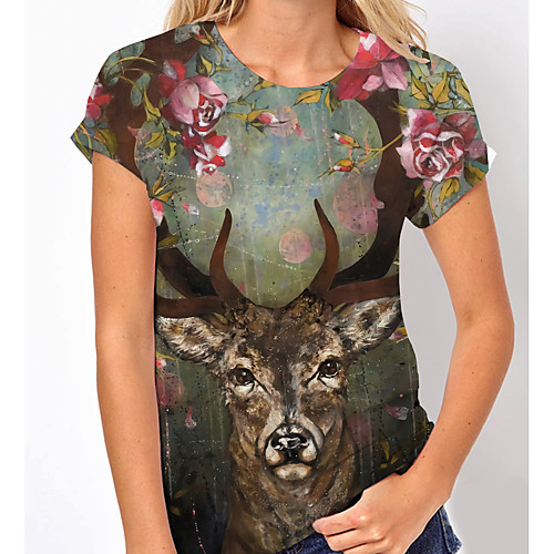 

Women's Floral Theme 3D Printed Painting T shirt Floral Animal Print Round Neck Basic Tops Green