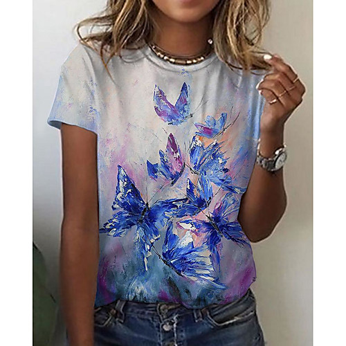 

Women's Butterfly Painting T shirt Graphic Butterfly Print Round Neck Basic Tops Blue Purple Blushing Pink