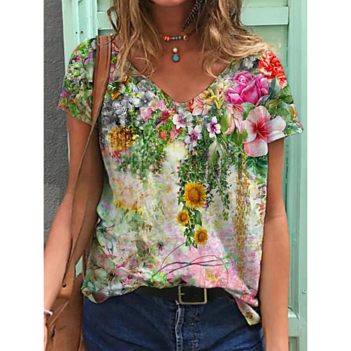 

Women's T shirt Floral Plants V Neck Tops Basic Basic Top Rainbow