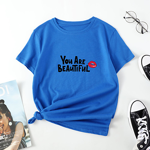 

Women's T shirt Lips Letter Print Round Neck Tops Cotton Basic Basic Top White Black Blue