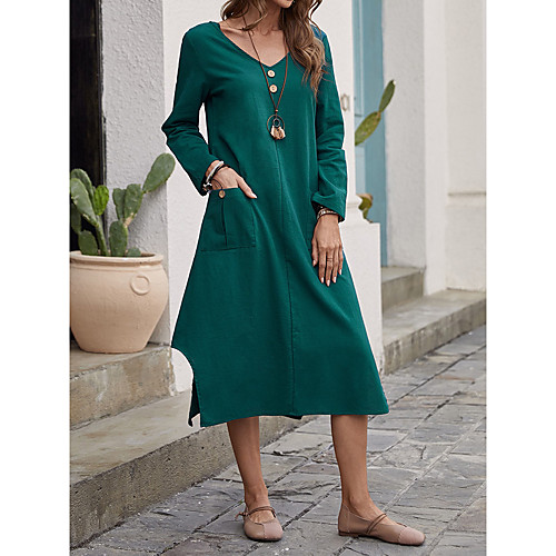 

Women's A Line Dress Knee Length Dress Dark Green Long Sleeve Solid Color Summer Casual 2021 S M L XL XXL