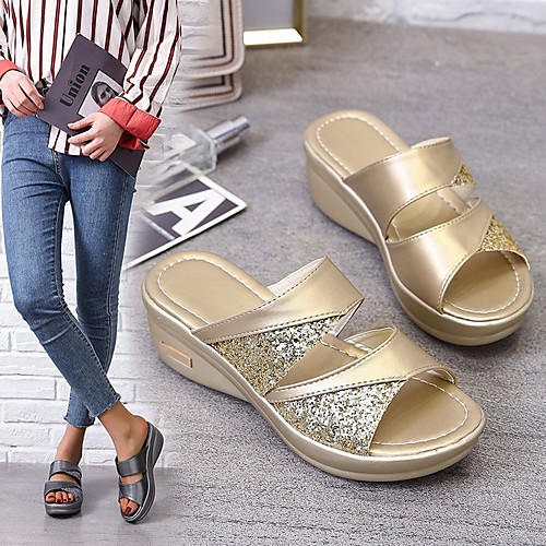 

Women's Loafers & Slip-Ons Wedge Heel Round Toe PU Solid Colored Gold Gray