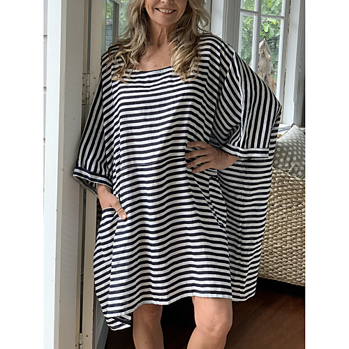 

Women's Loose Knee Length Dress Black Half Sleeve Stripes Summer Casual / Daily Loose 2021 S M L XL XXL