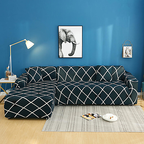 

Dark Grey Grid Print Dustproof All-powerful Slipcovers Stretch L Shape Sofa Cover Super Soft Fabric Couch Cover Sofa Furniture Protector with One Free Boster Case