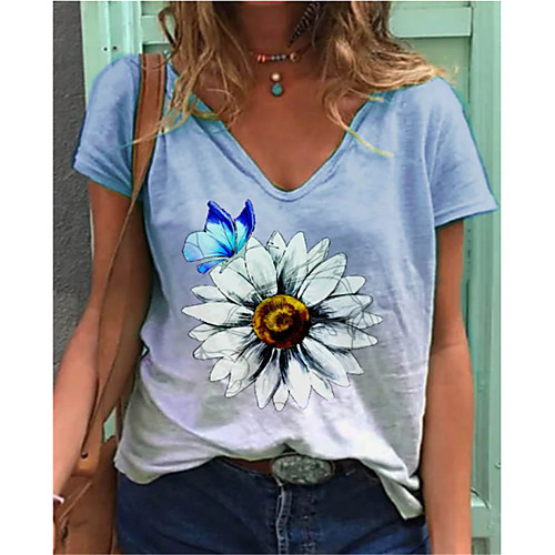 

Women's T shirt Daisy V Neck Tops Basic Basic Top Blue Light Green