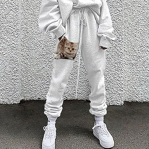 

Women's Fashion Casual / Sporty Comfort Daily Weekend Sweatpants Pants 3D Print Cat Sunflower Full Length Pocket Elastic Drawstring Design Print Yellow Khaki