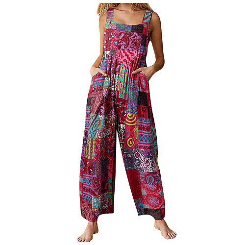 

Women's Ordinary Off Shoulder Blue Red Yellow Jumpsuit Color Block Print