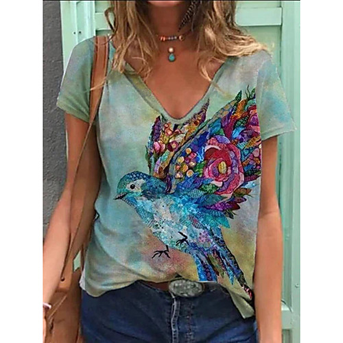 

Women's T shirt Bird V Neck Basic Tops Rainbow