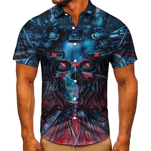 

Men's Shirt 3D Print Graphic Prints Skull Button-Down Short Sleeve Street Tops Casual Fashion Classic Breathable Blue