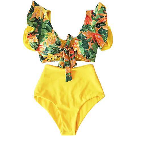 

Women's Bikini 2 Piece Swimsuit High Waist Ruffle White background palm leaf blue bottom pants Coconut Toucan Foundation Pants Black powder and white flowers black bottoms Coconut Toucan / Sexy