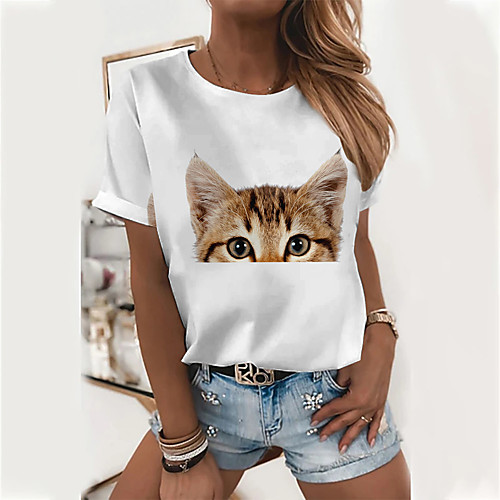 

Women's 3D Cat T shirt Cat 3D Animal Print Round Neck Basic Tops Cotton Yellow Khaki Brown