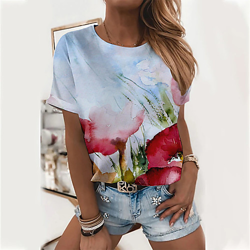 

Women's Floral Theme Painting T shirt Floral Flower Print Round Neck Basic Tops White Purple Green