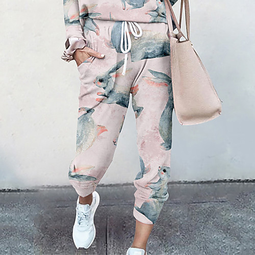 

Women's Basic Soft Comfort Going out Gym Palazzo Pants Animal Full Length Pocket Elastic Drawstring Design Print Beige