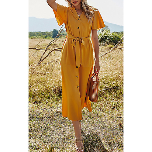 

Women's A Line Dress Midi Dress Yellow Short Sleeve Solid Color Lace up Patchwork Button Fall Summer V Neck Elegant Casual 2021 S M L XL
