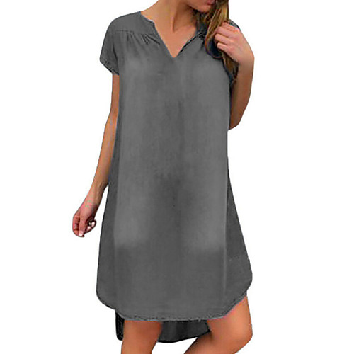 

Women's Shift Dress Knee Length Dress Blue Gray Short Sleeve Solid Color Patchwork Plus High Low Summer V Neck Casual 2021 S M L XL XXL 3XL / Denim Dress