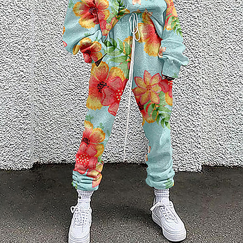 

Women's Fashion Casual / Sporty Comfort Daily Weekend Sweatpants Pants Flower / Floral Full Length Pocket Elastic Drawstring Design Print Blue Purple