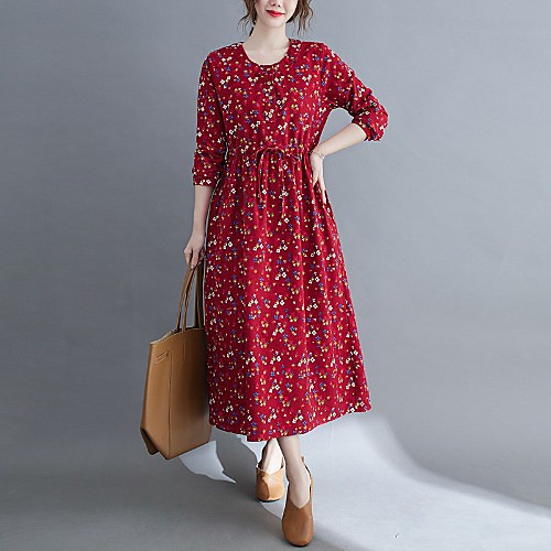 

2021 spring new literary large size thin waist long-sleeved dress printed waist mid-length cotton and linen skirt