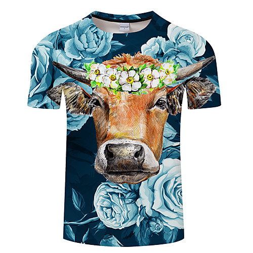 

Men's Unisex Tee T shirt 3D Print Graphic Prints Cow Animal Plus Size 3D Print Print Short Sleeve Casual Tops Basic Designer Big and Tall Green / Gray Blue Light Brown